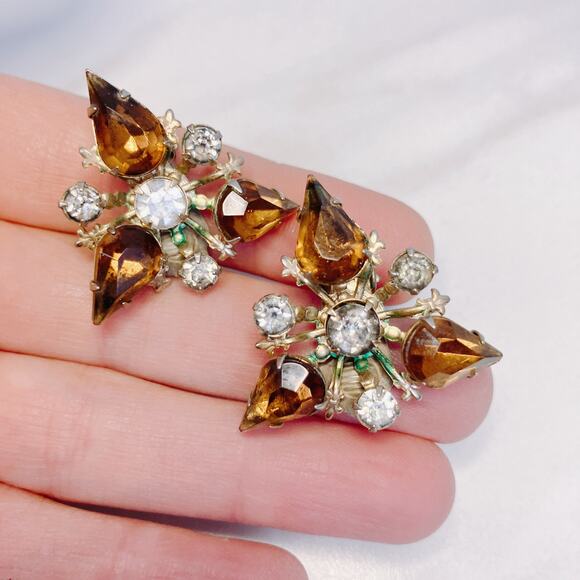 Vintage Amber Rhinestone Clip-On Earrings, Mid Century, Prong Set Teardrop Glass - Picture 3 of 10